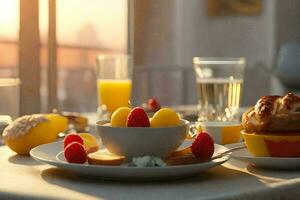 gesund Frühstück mit durcheinander Eier, Saft und Früchte. ai generativ foto