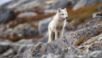 Arktis Wolf Sitzung auf schneebedeckt Berg Felsen generiert durch ai foto