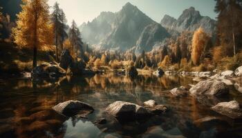 majestätisch Berg Gipfel spiegelt im still Teich generiert durch ai foto