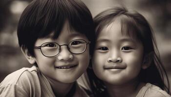 lächelnd Geschwister umarmen, genießen spielerisch Kindheit im Natur Schönheit generiert durch ai foto