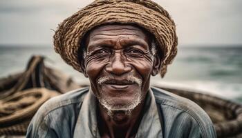 lächelnd Senior afrikanisch Fischer im traditionell Kleidung generiert durch ai foto