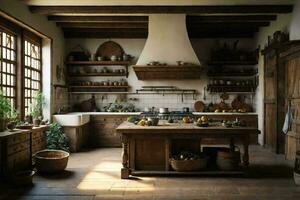 Tudor und mittelalterlich Stil Kochen Zimmer. ai generativ foto
