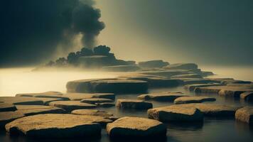 abstrakt minimal Konzept. dunkel Hintergrund mit natürlich Granit Steine Podium auf Wasser und Rauch Umgebung. ai generiert foto