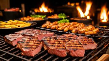 schließen oben von Fleisch auf das Grill und Gruppe von freunde beim Hintergrund. ai generiert foto