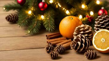 Weihnachten Ferien Hintergrund festlich Dekoration Zimt, Kiefernzapfen, und Orangen auf ein hölzern Tisch. ai generiert foto