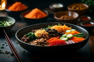 das Kamera ist gezoomt im auf bibimbap, ein Beliebt Koreanisch Essen das Raum hinter es erscheint unklar oder schwierig zu sehen ai generiert foto