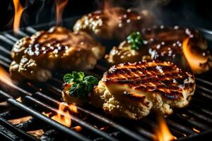 das Kamera bekommt näher zu Grill Blumenkohl Steaks Sein gekocht auf ein Grill mit Flammen im das Hintergrund ai generiert foto