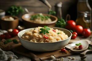 ein köstlich Gericht von Italienisch Risotto ist Sitzung auf ein komfortabel Küche Schalter, alle einstellen zum ein Familie Mahlzeit ai generiert foto