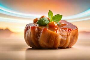 das Kamera gerührt näher zu das osso buco Gericht während ein hell Licht leuchtete im das Hintergrund von ein Studio ai generiert foto