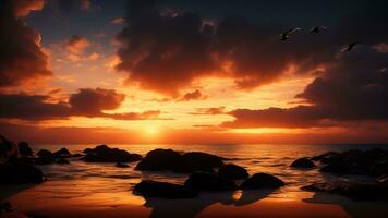 felsig Strand Sonnenuntergang Küste mit Möwen. ai generiert foto
