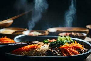 das Kamera ist konzentriert auf bibimbap, ein Koreanisch Gericht das Bereich hinter es erscheint unklar oder schwer zu machen aus ai generiert foto