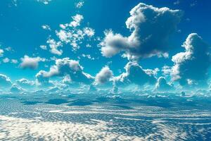 Blau Himmel und Weiß Wolken Nahansicht mit Flugzeug Ozean ai generativ foto