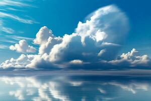Blau Himmel und Weiß Wolken Nahansicht mit Flugzeug Ozean ai generativ foto