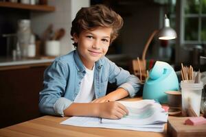 lächelnd preteen Junge tun Hausaufgaben beim Tabelle im Küche beim Zuhause generativ ai foto