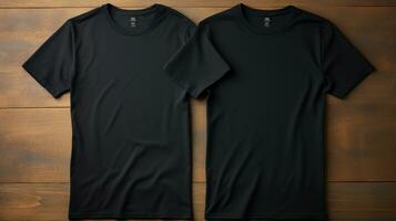 Foto schwarz T-Shirts mit Kopieren Raum Attrappe, Lehrmodell, Simulation generativ ai