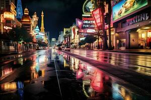 das Streifen im las Vegas, USA. las Vegas ist das die meisten dicht besiedelt von das fünf Bezirke von las Vegas, las Vegas Streifen Nacht, ai generiert foto