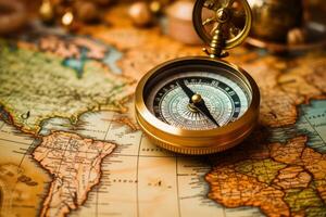 Kompass auf das alt Karte. Jahrgang Stil. selektiv Fokus, magnetisch Kompass auf Welt map.travel, Erdkunde, Navigation, Tourismus und Erkundung Konzept, ai generiert foto