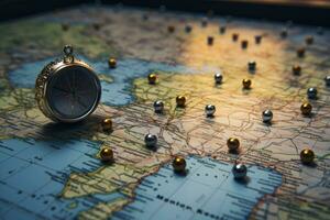 Kompass auf ein Karte von das Welt. Reisen Konzept, magnetisch Kompass und Ort Markierung mit ein Stift auf Routen auf Welt Karte, ai generiert foto