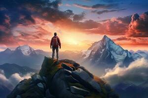 Wanderer im Himalaya Berge beim Sonnenuntergang. Mann Stehen auf oben von das Berg, magisch Fantasie Abenteuer zusammengesetzt von Mann Wandern auf oben von ein felsig Berg Gipfel. Hintergrund Landschaft aus, ai generiert foto