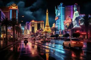 Aussicht von das Streifen im las Vegas, Nevada. das las Vegas Streifen ist ein etwa 4,2 Meilen 6.8 km strecken von las Vegas Boulevard, las Vegas Streifen Nacht, ai generiert foto