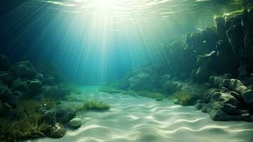 unter Wasser Welt, schön tropisch Marine Landschaft. Algen, Felsen und Koralle Riffe. Leben im Meer oder Ozean. Blau Wasser mit Strahlen von Sonnenlicht. ai generiert foto