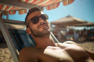 männlich Tourist Sonnenbaden auf Sonnenbank beim Meer während tagsüber mit generativ ai foto