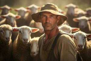 männlich Farmer auf Schaf Bauernhof im das tagsüber mit generativ ai foto