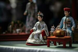 Chinesisch Hochzeit im Miniatur Stil. Mann und Ehefrau im traditionell Chinesisch Kleidung. Konzept von Liebe, Tradition, Familie und Beziehungen. asiatisch Mann und Frau erstellt mit generativ ai Technologie foto