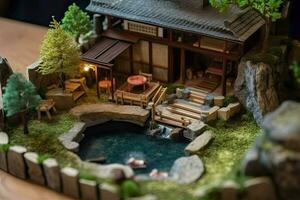 Diorama von japanisch Garten. heiß Frühling, Spielzeug Urlaub heim. Miniatur von japanisch Resort erstellt mit generativ ai Technologie foto