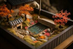 Diorama von japanisch Garten. heiß Frühling, Spielzeug Urlaub heim. Miniatur von japanisch Resort erstellt mit generativ ai Technologie foto