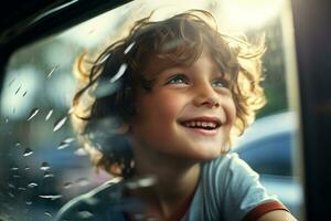 ein jung Junge sitzt durch das Auto Fenster während Fahren auf ein Straße Ausflug mit generativ ai foto