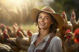 weiblich Farmer auf Hähnchen Bauernhof im das tagsüber mit generativ ai foto