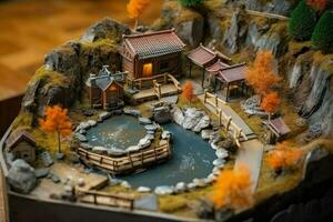 Diorama von japanisch Garten. heiß Frühling, Spielzeug Urlaub heim. Miniatur von japanisch Resort erstellt mit generativ ai Technologie foto