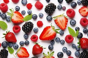 Vielfalt von frisch Beeren, einschließlich Erdbeeren, Himbeeren, Blaubeeren, Brombeeren, und rot Johannisbeeren auf ein Weiß Hintergrund. das Beeren sind reif und saftig, mit hell Farben und ein glänzend Glanz. foto