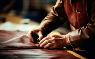 Handwerker Mann Arbeiten mit Leder. Nahansicht Foto zeigen das Prozess von Herstellung Leder Waren. ai generativ