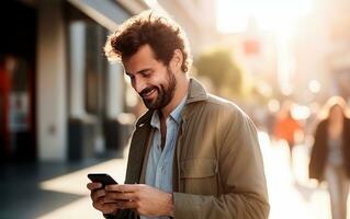 Mann mit Smartphone auf das Straße während lächelnd. ai generativ foto