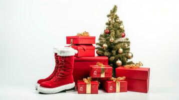 minimalistisch Komposition Banner von Santa claus Stiefel mit Weihnachten Geschenke Über Weiß Hintergrund. ai generativ foto