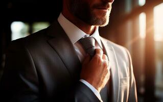 Nahansicht Foto von Geschäftsmann einstellen seine Krawatte. ai generativ