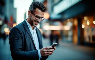 Mann mit Smartphone auf das Straße während lächelnd. ai generativ foto