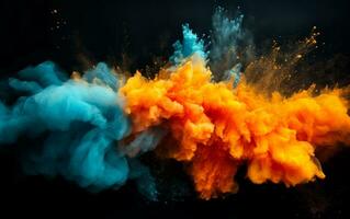 Blau und Orange farbig Pulver Explosionen Über schwarz Hintergrund. holi Farbe Pulver Spritzen. foto