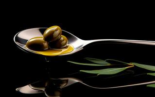 Löffel mit Jungfrau Olive Öl und dunkel Hintergrund. ai generativ foto