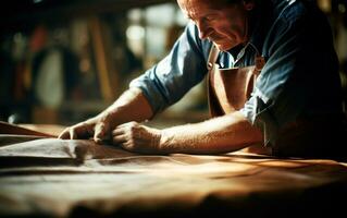 Zimmermann im seine Werkstatt Arbeiten mit Holz. Nahansicht Foto von das Verfahren. ai generativ