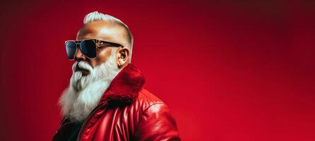 Banner von modern Santa claus mit Sonnenbrille und rot Leder Jacke Über rot Hintergrund. ai generativ foto