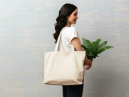 Frau halten leer leeren Segeltuch Tasche zum Einkaufen, Öko freundlich Konzept, ai generiert foto