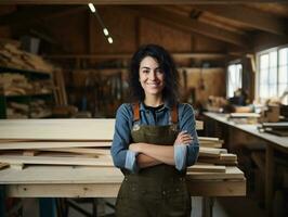 jung weiblich Zimmermann lächelnd zuversichtlich ein Holz Designer im Holz Arbeiten Geschäft, Geschlecht Gleichberechtigung Konzept, ai generiert foto