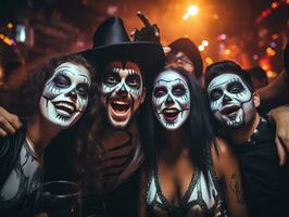 Gruppe von jung Menschen tragen Kostüme beim Halloween Party Trinken Cocktails und haben Spaß im Nachtclub, ai generiert foto