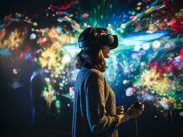 Frau mit virtuell Wirklichkeit Headset, suchen um beim interaktiv Technologie Ausstellung mit Mehrfarbig Beamer Licht Erleuchtung, ai generiert foto
