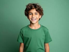 süß Junge tragen leer leeren Grün T-Shirt Attrappe, Lehrmodell, Simulation zum Design Vorlage, ai generiert foto