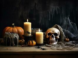 Halloween dekorativ auf hölzern Tabelle oben mit verschwommen Nacht Szene Hintergrund, ai generiert foto
