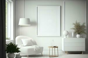leer Weiß Rahmen spotten oben zum Innere skandinavisch Zimmer minimal Stil, Leben Zimmer Dekoration, ai generiert foto